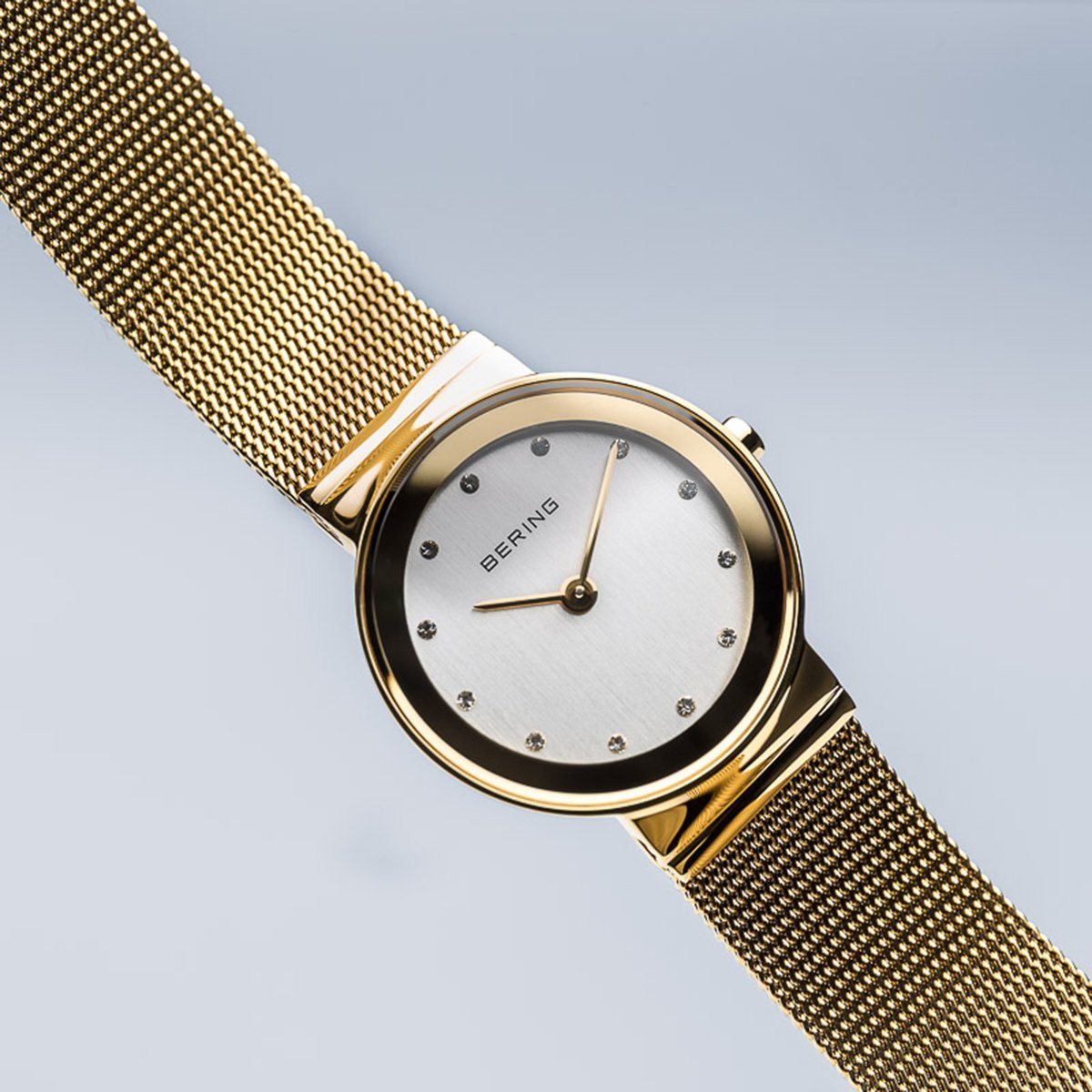 Bering Classic Polished Gold Mesh Swarovski Watch