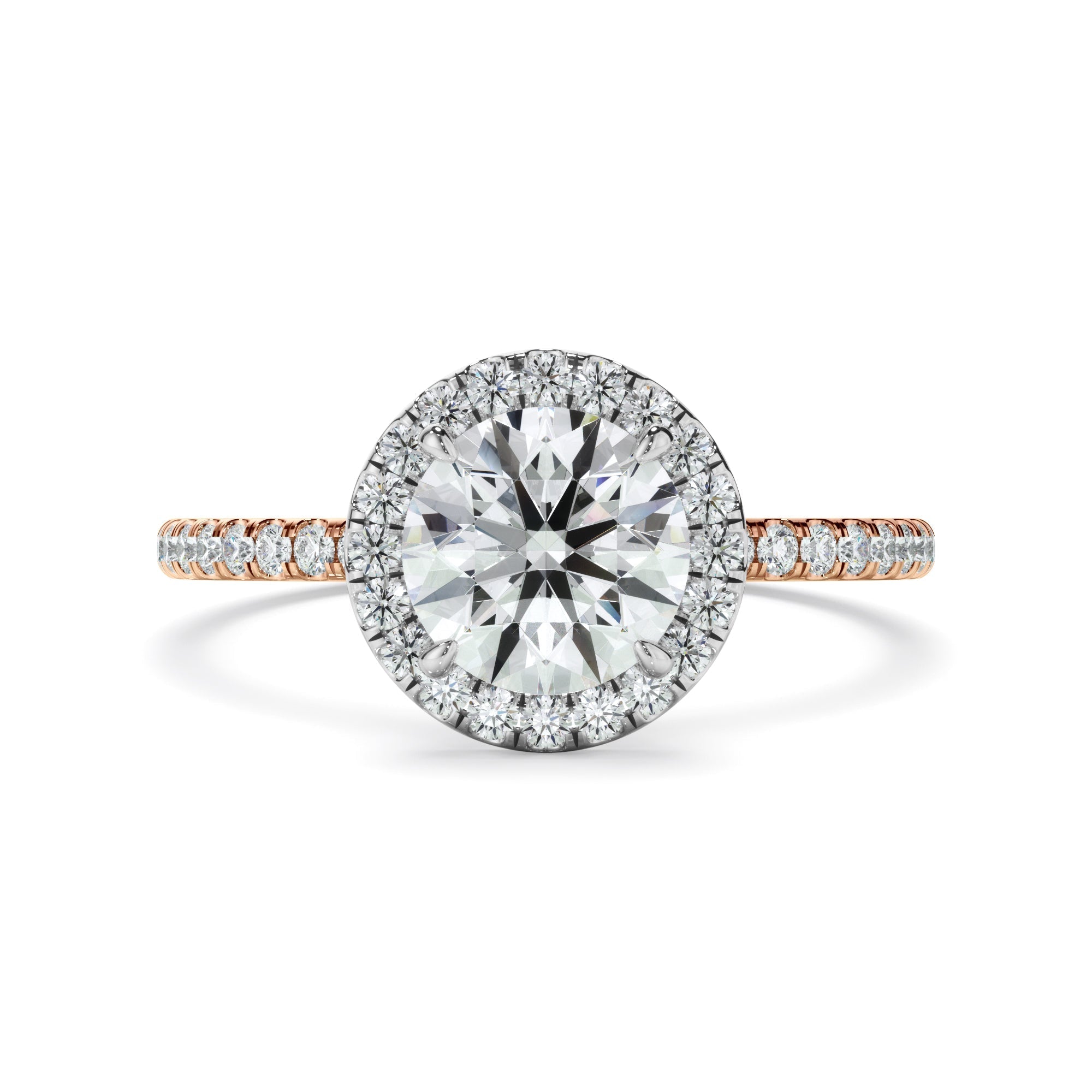 Round Brilliant Cut Diamond Halo Engagement Ring With Pave Band