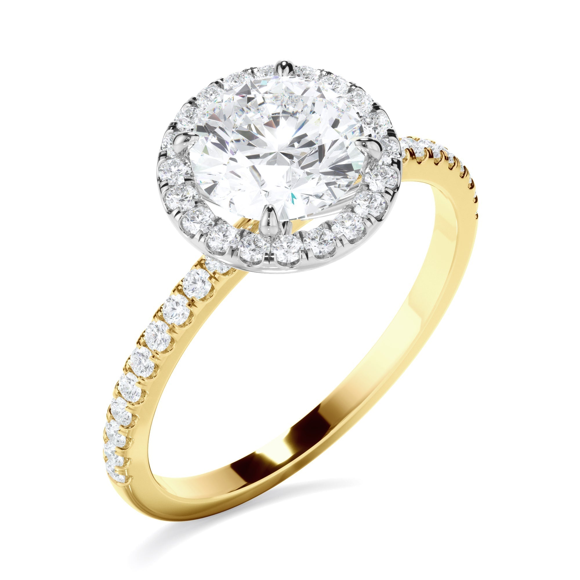 Round Brilliant Cut Diamond Halo Engagement Ring With Pave Band