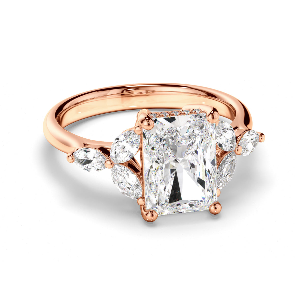 Radiant Cut Diamond Engagement Ring with Cluster Shoulders