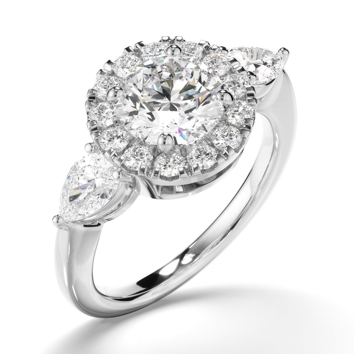 Round Brilliant Cut Diamond Halo Engagement Ring with Pear Sides