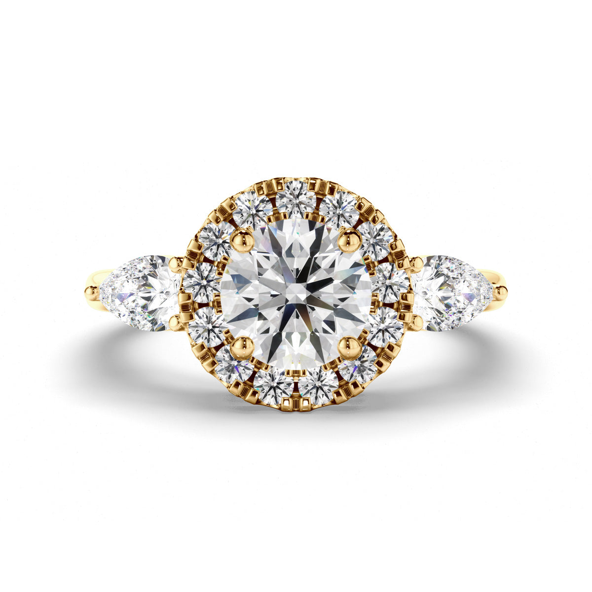 Round Brilliant Cut Diamond Halo Engagement Ring with Pear Sides