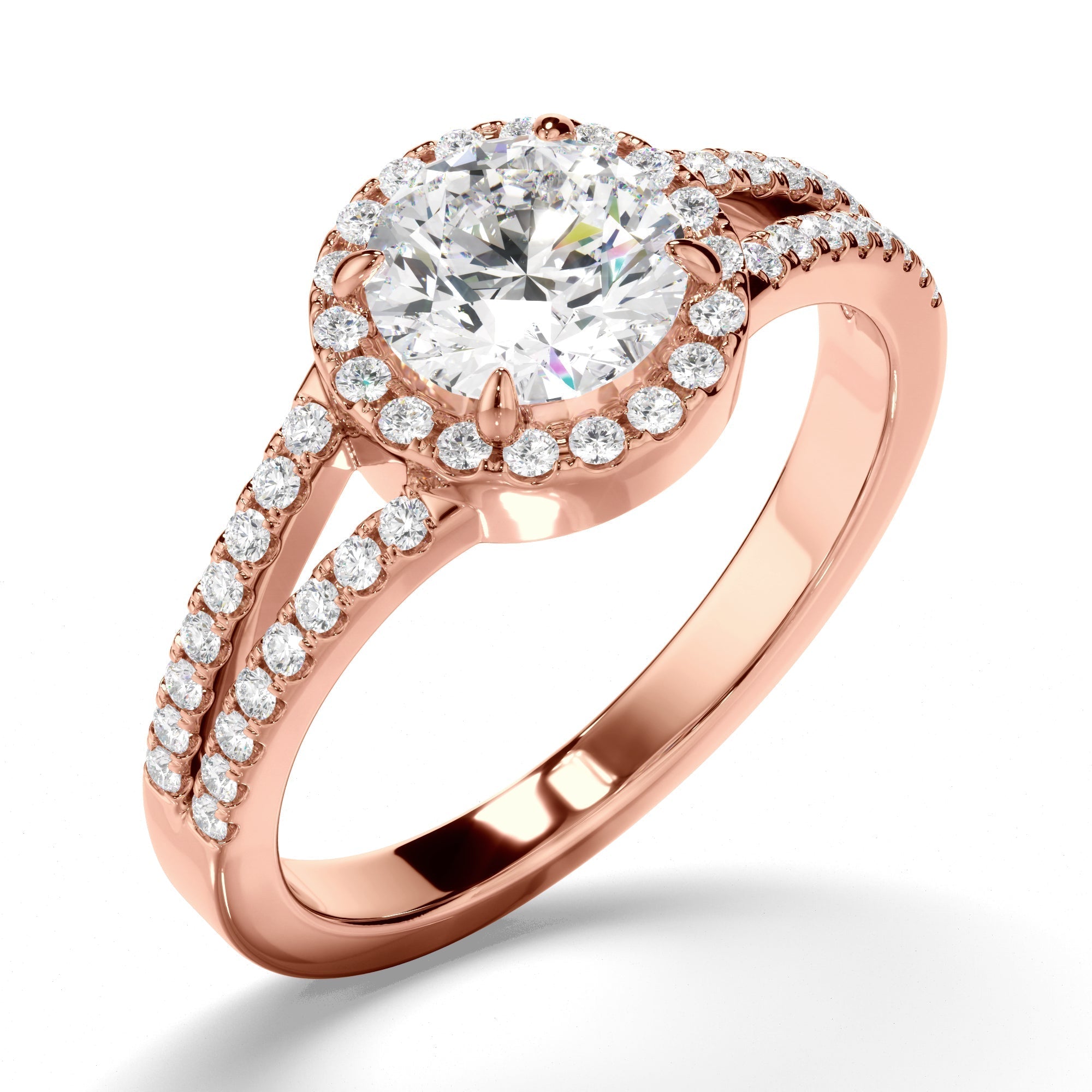 Round Brilliant Cut Diamond Halo Engagement Ring with Pave Sides