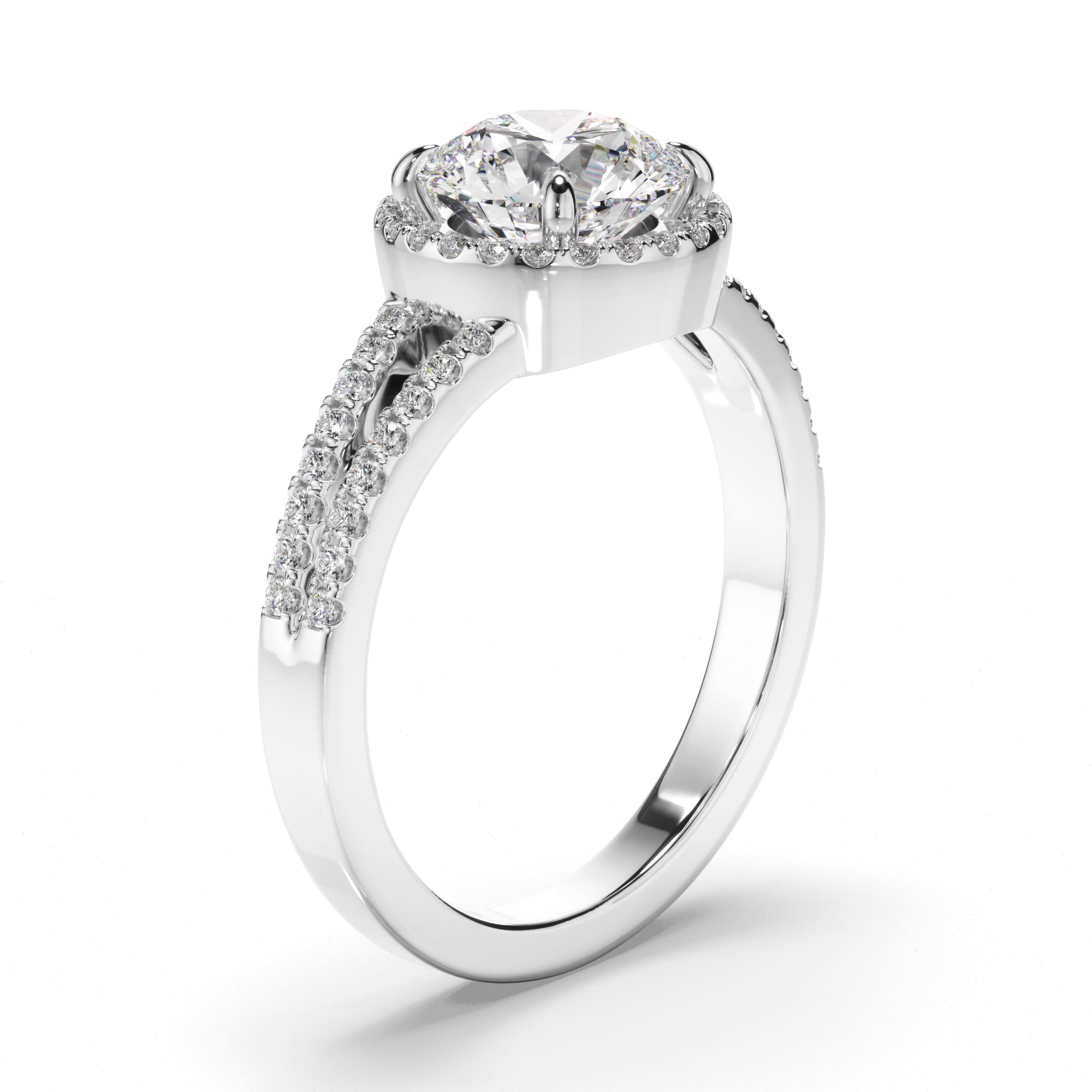 Round Brilliant Cut Diamond Halo Engagement Ring with Pave Sides