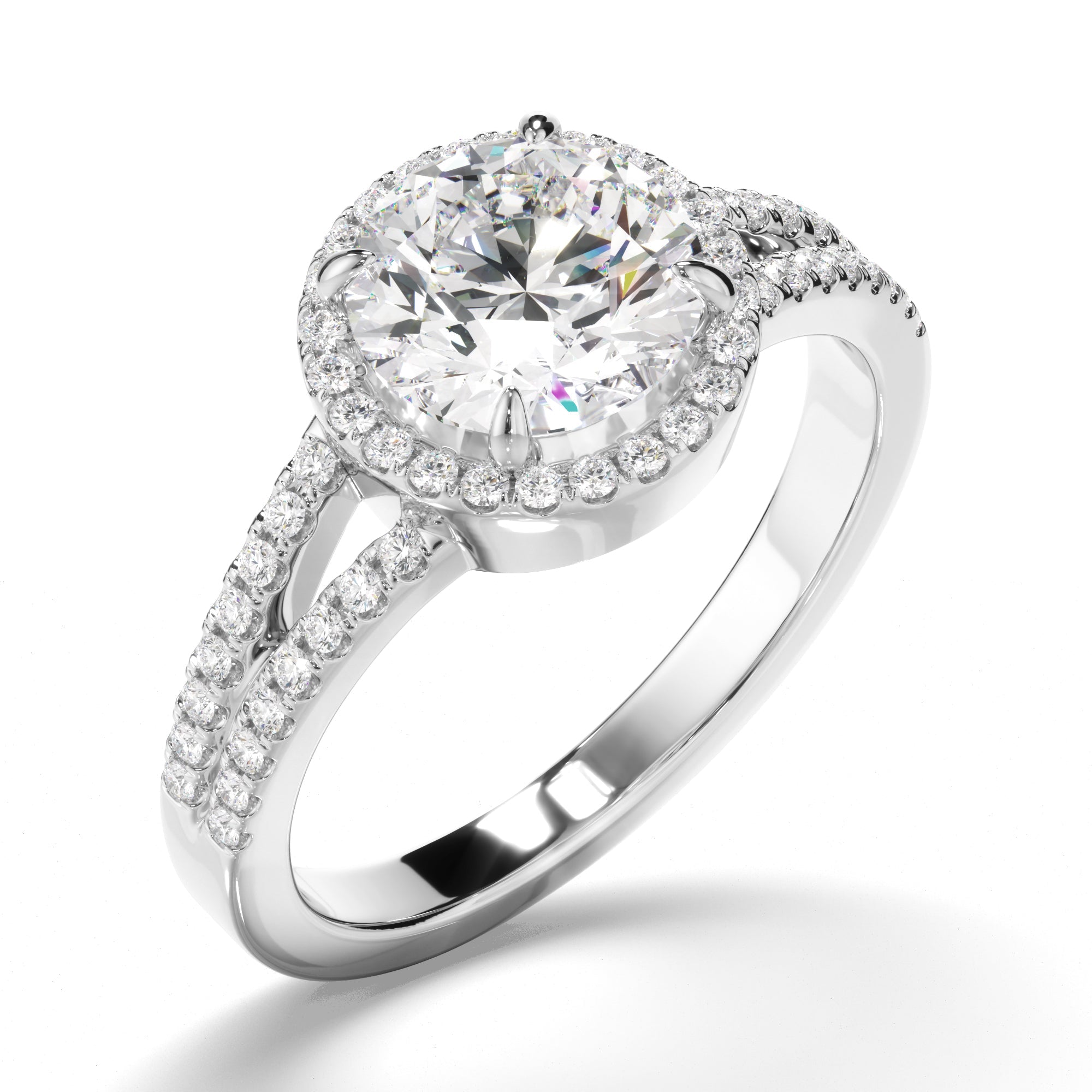 Round Brilliant Cut Diamond Halo Engagement Ring with Pave Sides