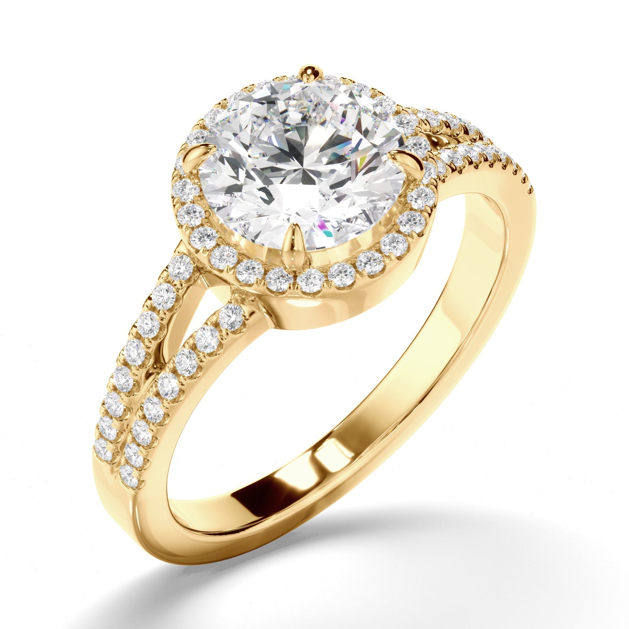 Round Brilliant Cut Diamond Halo Engagement Ring with Pave Sides