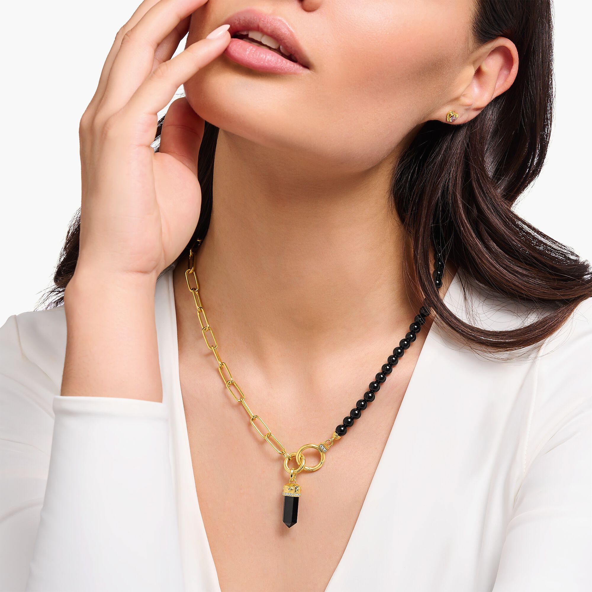 THOMAS SABO Gold Pendant with Onyx in Hexagon-Shape and Stones