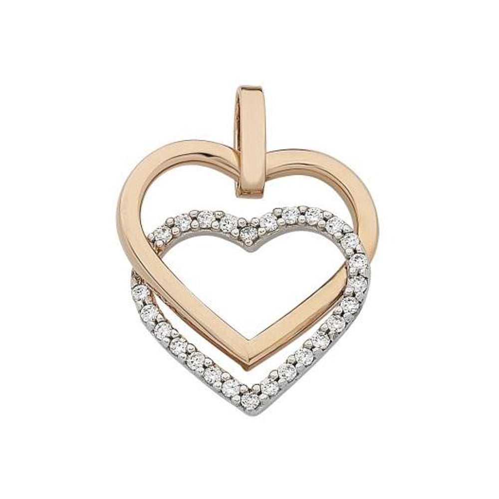 9ct Yellow Gold Two Tone Double Heart Cubic Zirconia Pendant